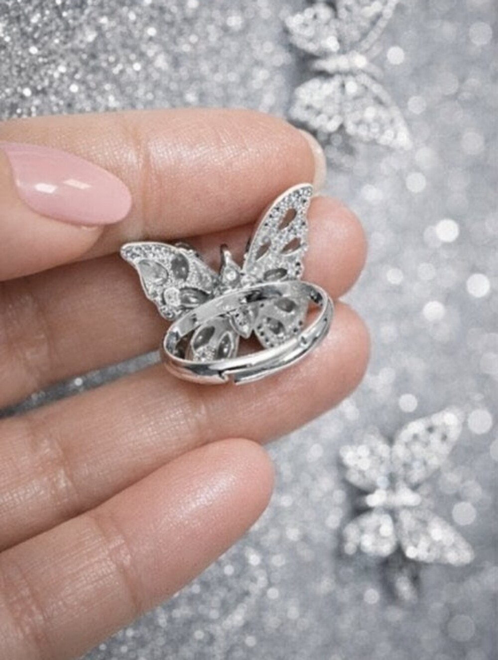 Iced Out Butterfly Ring BOLD Statement Silver Adjustable Band - Picture 9 of 10